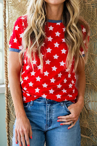 Red Short Sleeve Top with White Stars and Blue Contrast Trim
