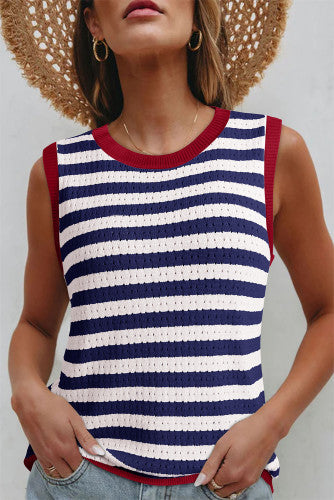 Navy Stripe Pointelle Knit with Red Contrast Trim Sleeveless Sweater Knit Top - Lightweight