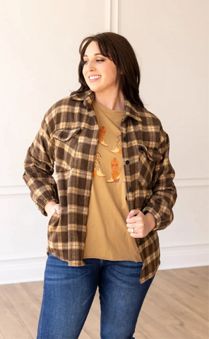 Brown Plaid Shacket with Elastic Gathered Wrists