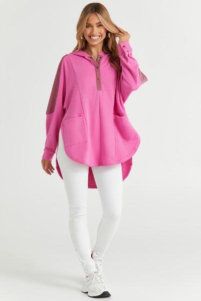 Oversized Mixed Material Henley Style Hooded Pullover with Scoop Hemline - Multiple Color Options