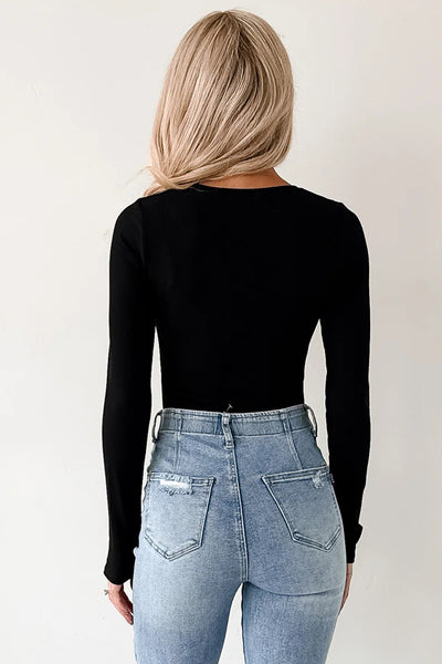 Black Ribbed Fitted Long Sleeve Bodysuit