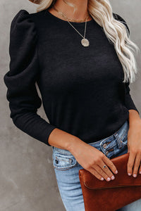 Black Ribbed Long Puff Sleeve Fitted Top