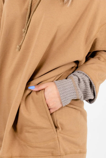 Tan and Taupe Waffle Knit Hooded Pullover