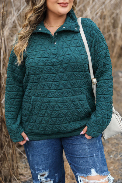 Curvy Dark Green Quilted Pullover with Pockets and Button Up Neckline