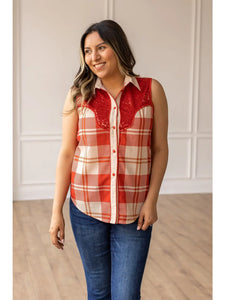 Red Plaid Sleeveless Collared Button Up Top with Sequin Embellishments - Can I Get a ‘Yee Haw’