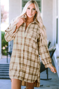 Cream Plaid Longer Length Button Up Shacket