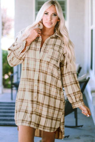 Cream Plaid Longer Length Button Up Shacket