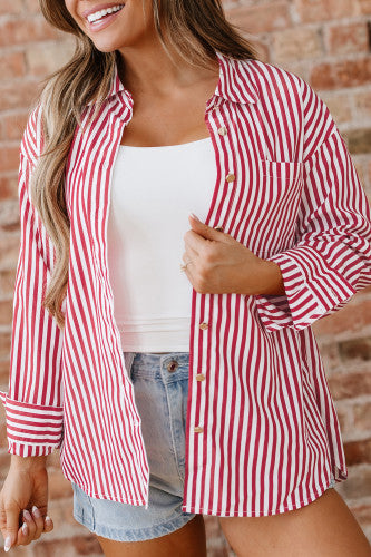 Red and White Striped Button Up Long Sleeve Top