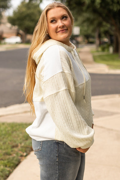 Curvy Ivory and Cream Patchwork Mixed Textures Hoodie