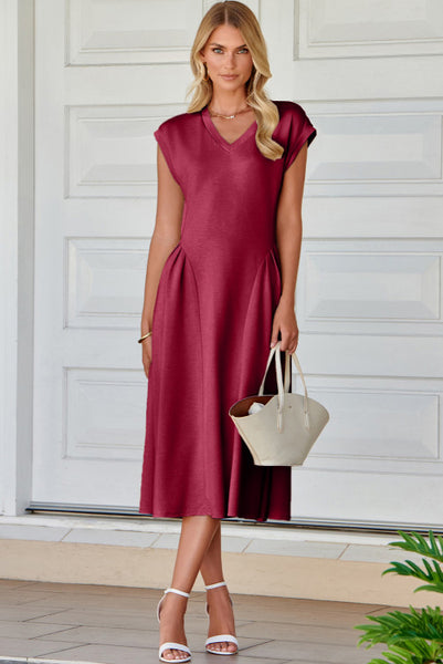 Red Dahlia V-Neck Flared Midi Dress