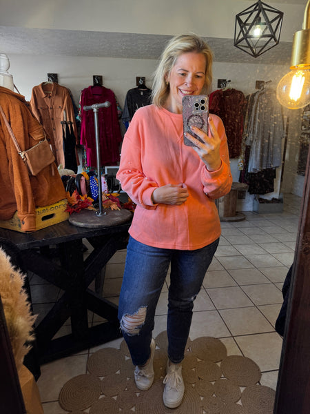 Creamsicle Orange Super Soft Ribbed Top with Pearl Embellished Sleeves