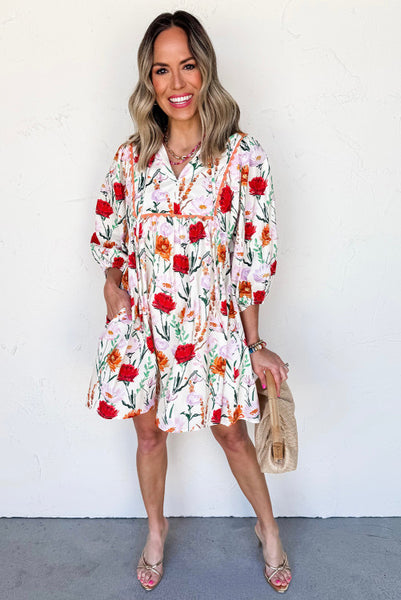 Floral 3/4 Puff Sleeve Dress with Ric Rac Trim
