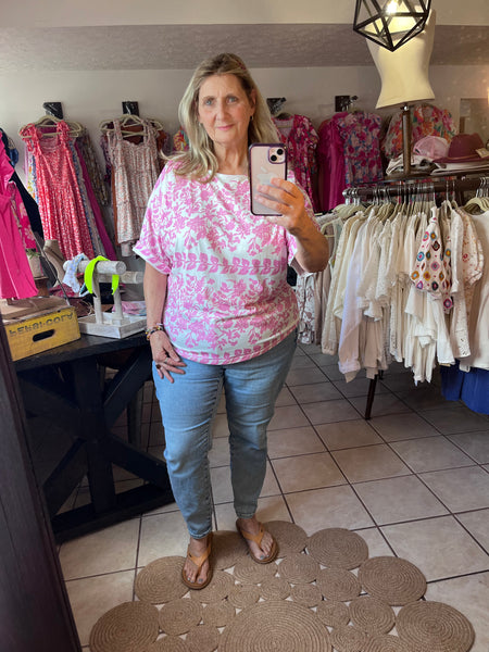Curvy - Pink and White Floral Top with Curved Hemline