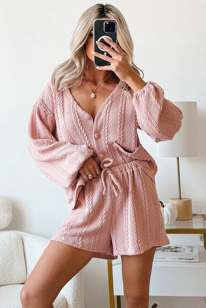 Pink Cable Knit Button Front Cardigan and Shorts Set