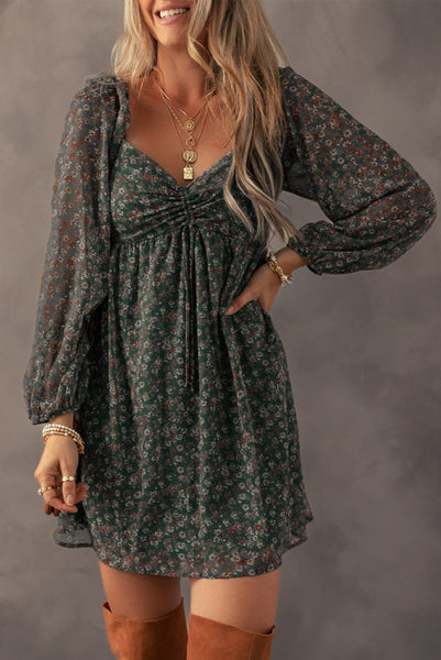 Green Floral Flowy Dress with Sweatheart Neckline