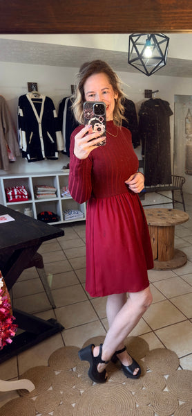Red Dahlia Frill Neck Ribbed Mixed Material Long Sleeve Dress with Pockets
