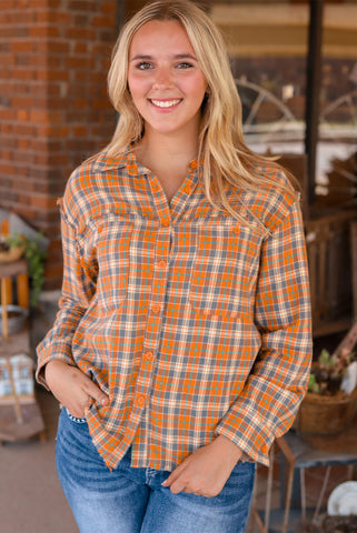 Orange Plaid Button Up Flannel Top with Raw Hemline Details and Aztec Embellishment