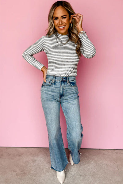 Gray and White Mock Neck Fitted Long Sleeve Top