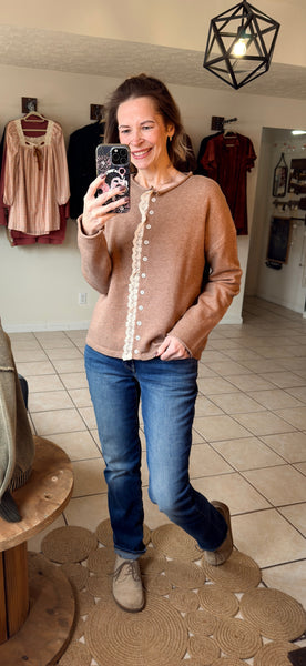 Deep Taupe Contrast Lace Trim Button Front Sweater Knit Cardigan