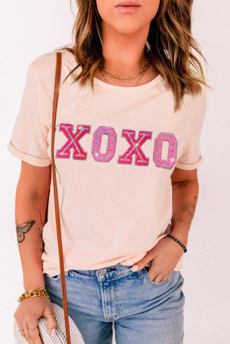 Light Pink Sequin Edged XOXO Short Sleeve Tee - Valentine’s Day Shirt- V Day