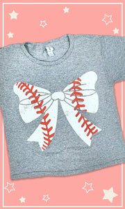 Baseball Bow Tee  - Gray Tshirt - Baseball Season - Coquette