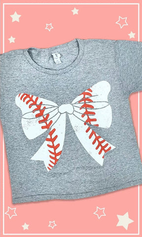 Baseball Bow Tee  - Gray Tshirt - Baseball Season - Coquette