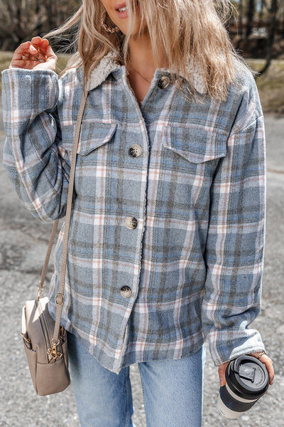 Light Blue Plaid Sherpa Lined Button Up Shacket