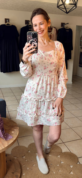 Pink Floral Long Sleeve Short Dress with Ruffle Details