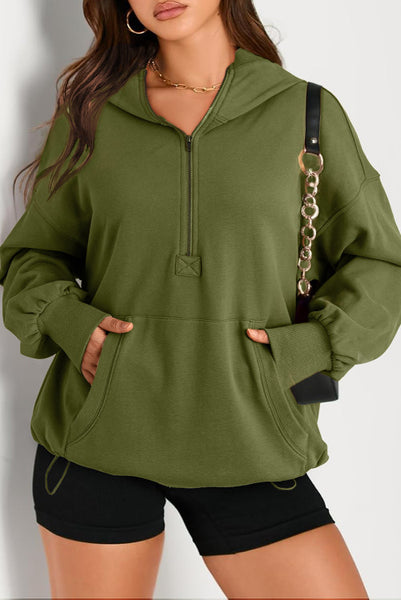 Olive Green Half Zip Hooded Pullover with Toggle Elastic Waist