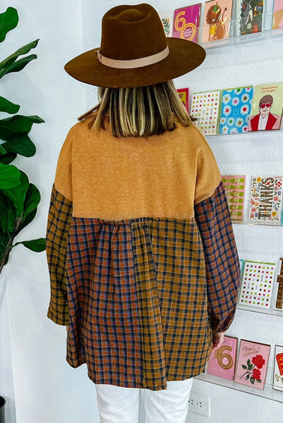 Mustard and Plaid Colorblock Babydoll Button Up Top