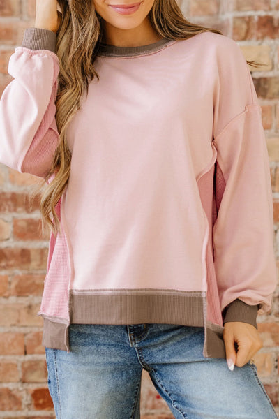 Pink Patchwork Exposed Seam Pullover with Contrasting Trim