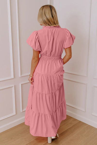 Pink V-Neck Puff Short Sleeve Maxi Dress