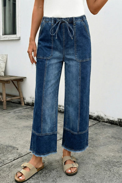 Dark Wash Drawstring Waist Raw Hem Wide Leg Denim Ankle Length Jeans