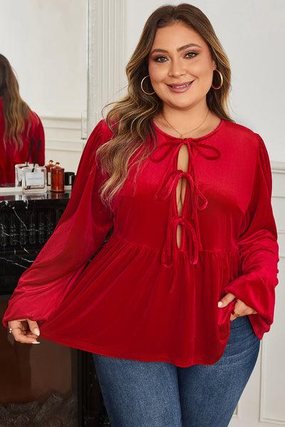 Curvy Red Velvet Tie Front Long Sleeve Peplum Top