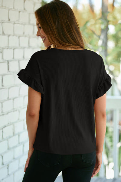 Black Ribbed Ruffle Trim Short Sleeve Top