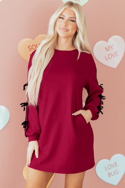 Holiday Red Sweatshirt Dress with Velvet Bow Sleeve Details