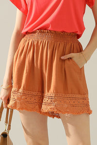Rust Shorts with Wide Elastic Waist and Macrame Lace Hemline