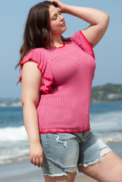 Curvy Pink Pointelle Sweater Knit Flutter Sleeve Top with Contrast Edging
