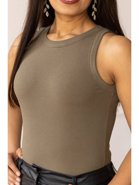 Olive Green Ribbed Sleeveless Bodysuit