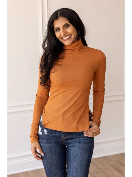 Rust Fitted Long Sleeve Turtleneck with Side Slits