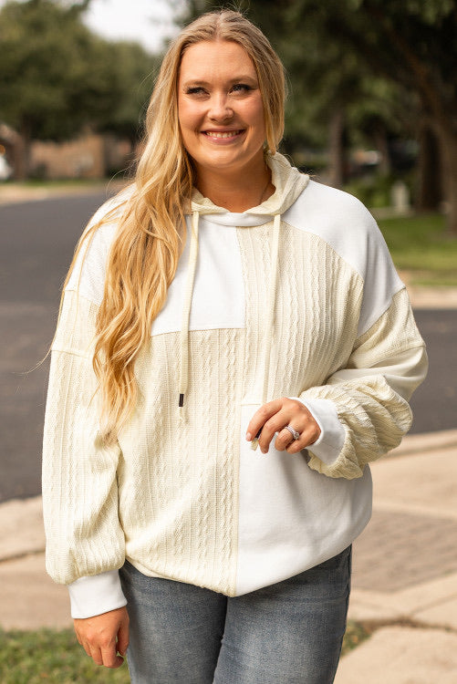 Curvy Ivory and Cream Patchwork Mixed Textures Hoodie