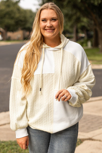 Curvy Ivory and Cream Patchwork Mixed Textures Hoodie