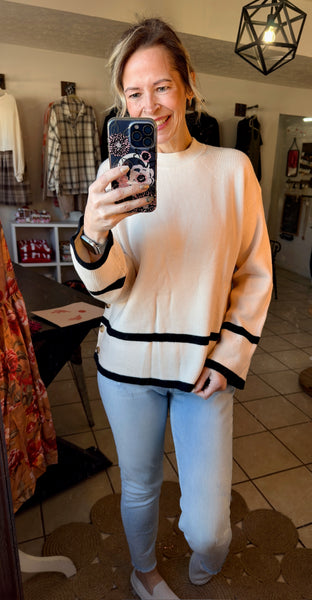 Beige with Black Contrast Stripes Sweater with Button Side Details