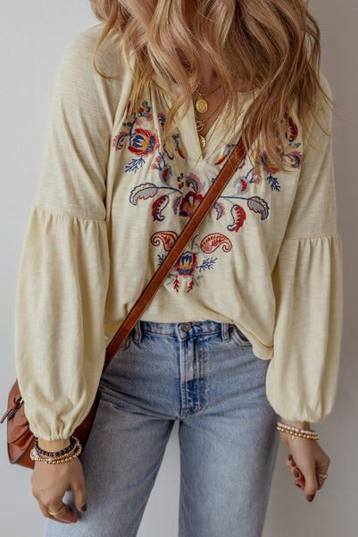 Paisley Floral Embroidered Boho Long Sleeve Top with Notch V-Neck