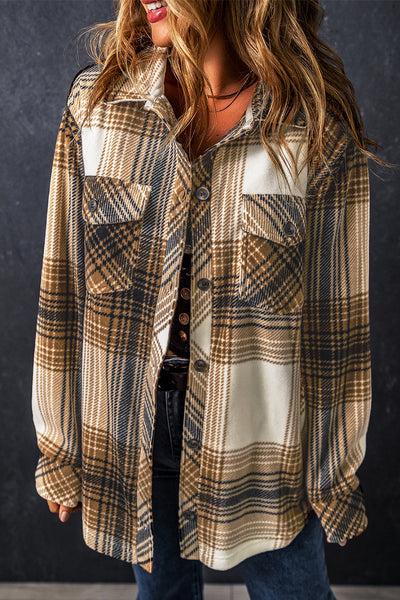 Brown Plaid Fleece Button Up Shacket