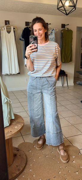 Dark Wash Drawstring Waist Raw Hem Wide Leg Denim Ankle Length Jeans