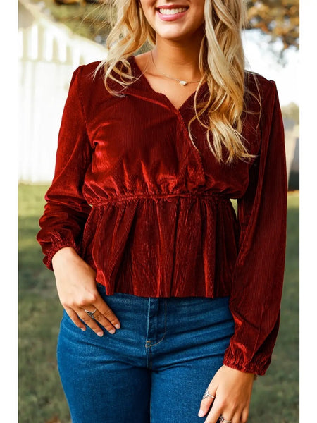 Deep Red Ribbed Velvet V-neck Peplum Top