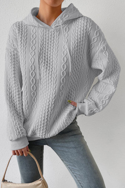 Gray Cable Knit Textured Hoodie Pullover