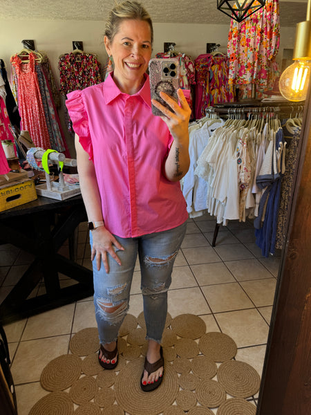 Pink Poplin Button Up Top with Ruffle Sleeves
