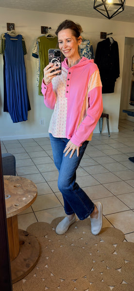 Mixed Texture Pink Floral Contrast Patchwork Colorblock Hooded Pullover